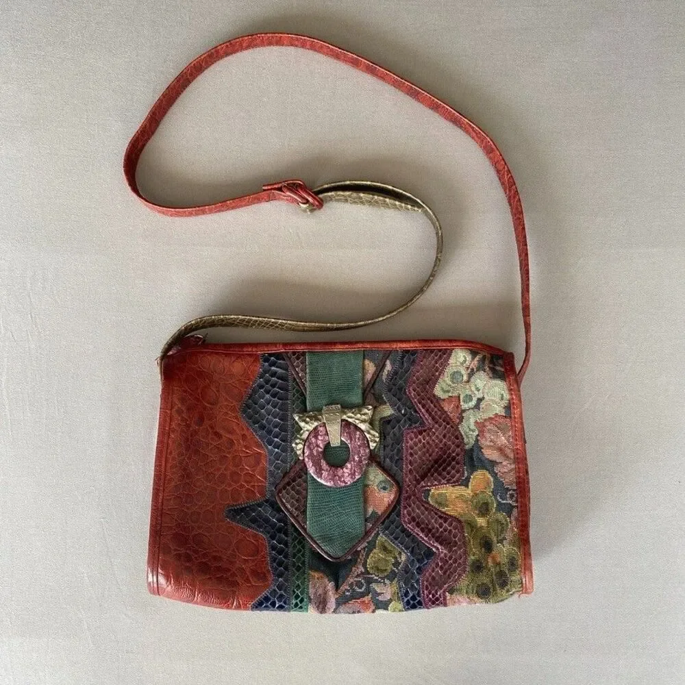 Vintage Sharif USA Patchwork Leather Shoulder Bag Floral Snakeskin Boho Purse